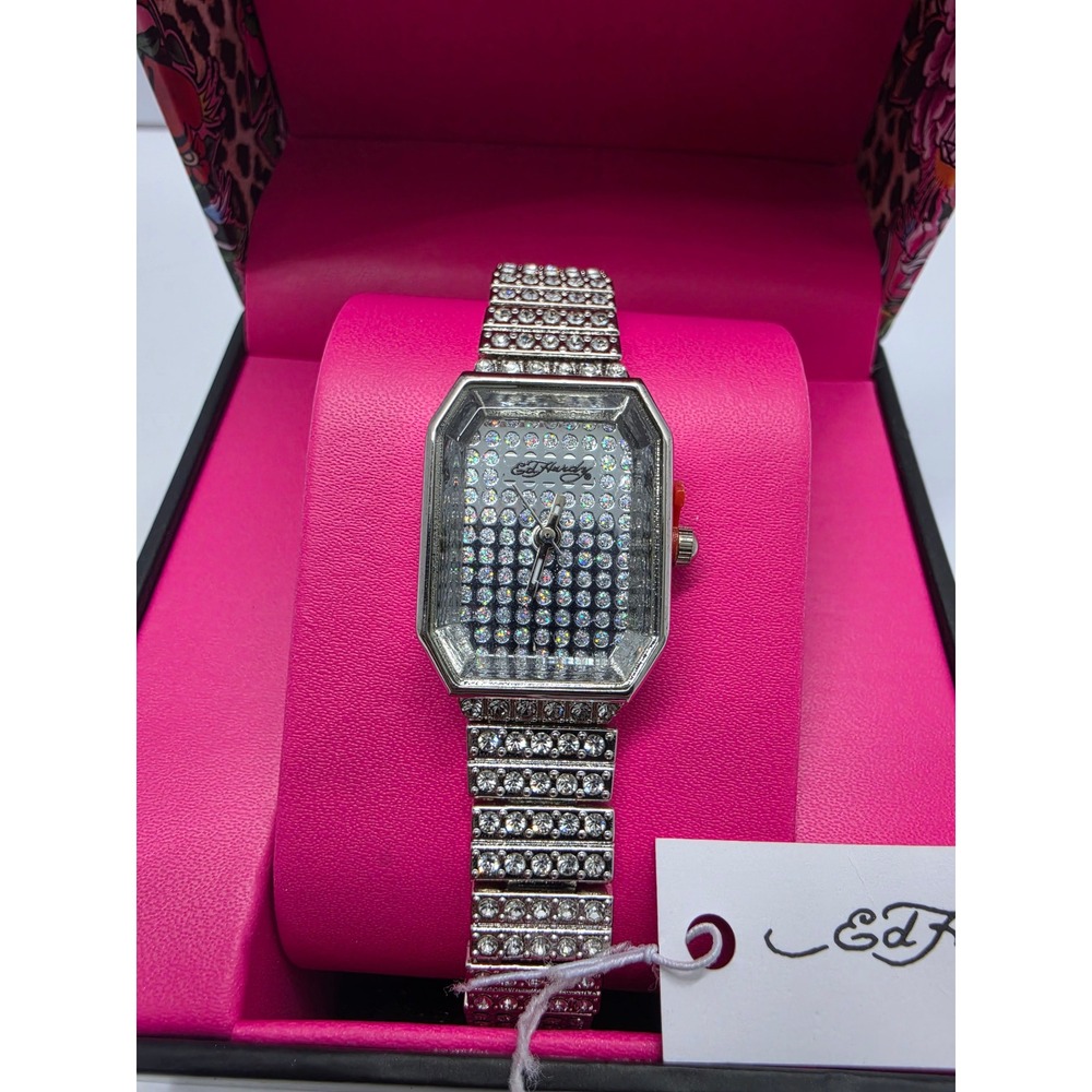 Ed Hardy Womens Rhinestone Silver Watch Y2K Octagon Face Original Box NWT - Picture 4 of 5